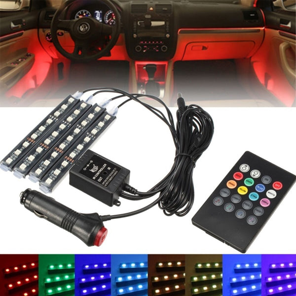 Hot RGB 4x 36 LED Car Charge 12V 10W Glow Interior Decorative 4in1 Atmosphere Blue Inside Foot Light Lamp With Remote Control