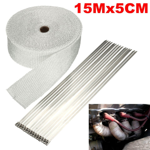 15mx5cmx1.5mm Motorcycles Insulation Exhaust Header Pipe Wrap Shields Turbo Heat Manifold Header w/ 15 Stainless Ties